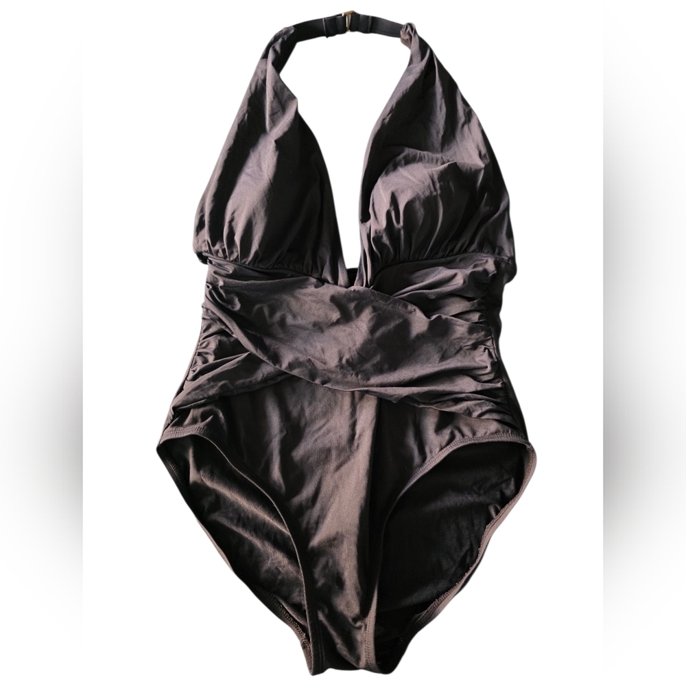 La Blanca Black One-Piece Halter Plunge Swimsuit Size 14